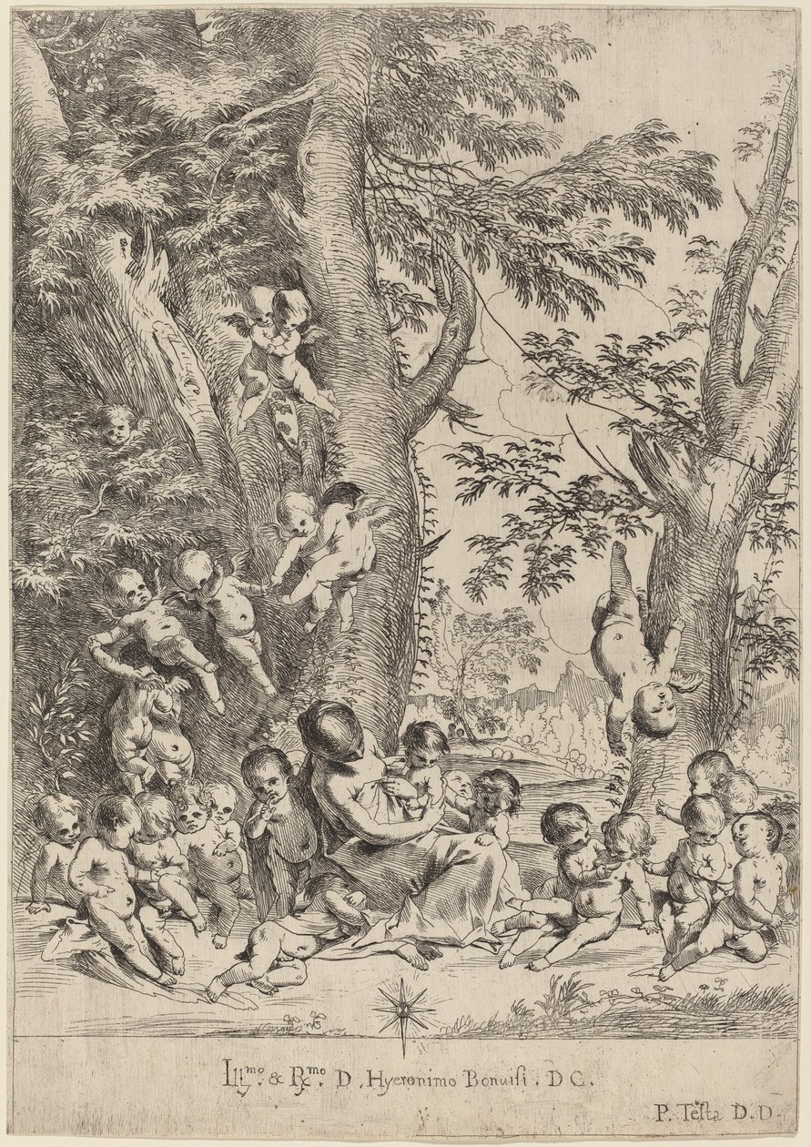 Giovane donna, circondata da Cupidi (Il giardino della carità, versione verticale) da Pietro Testa