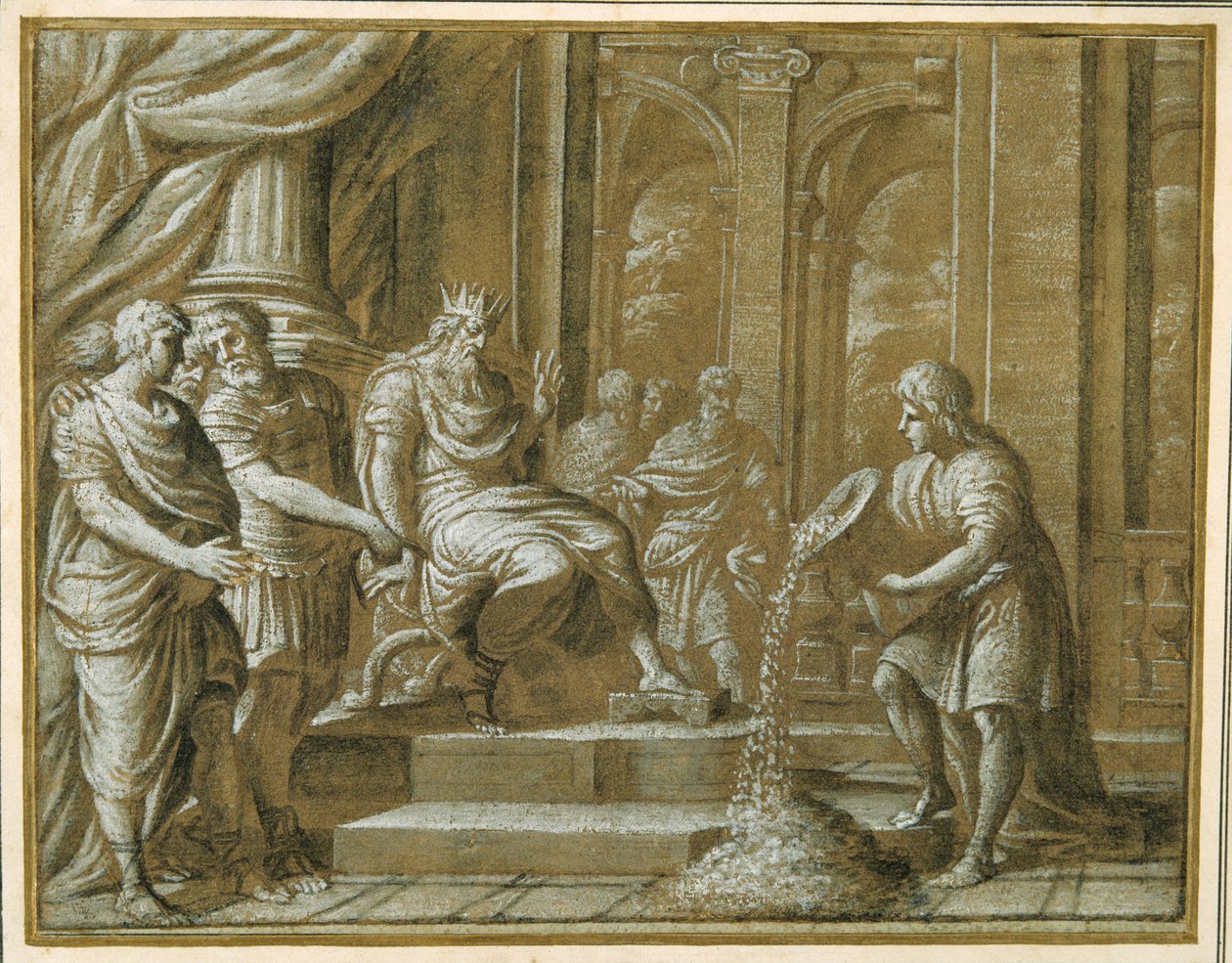 Un re anziano, in trono con attendenti in un contesto architettonico, e un giovane che versa da un vaso con loro stupore da Pietro da Cortona