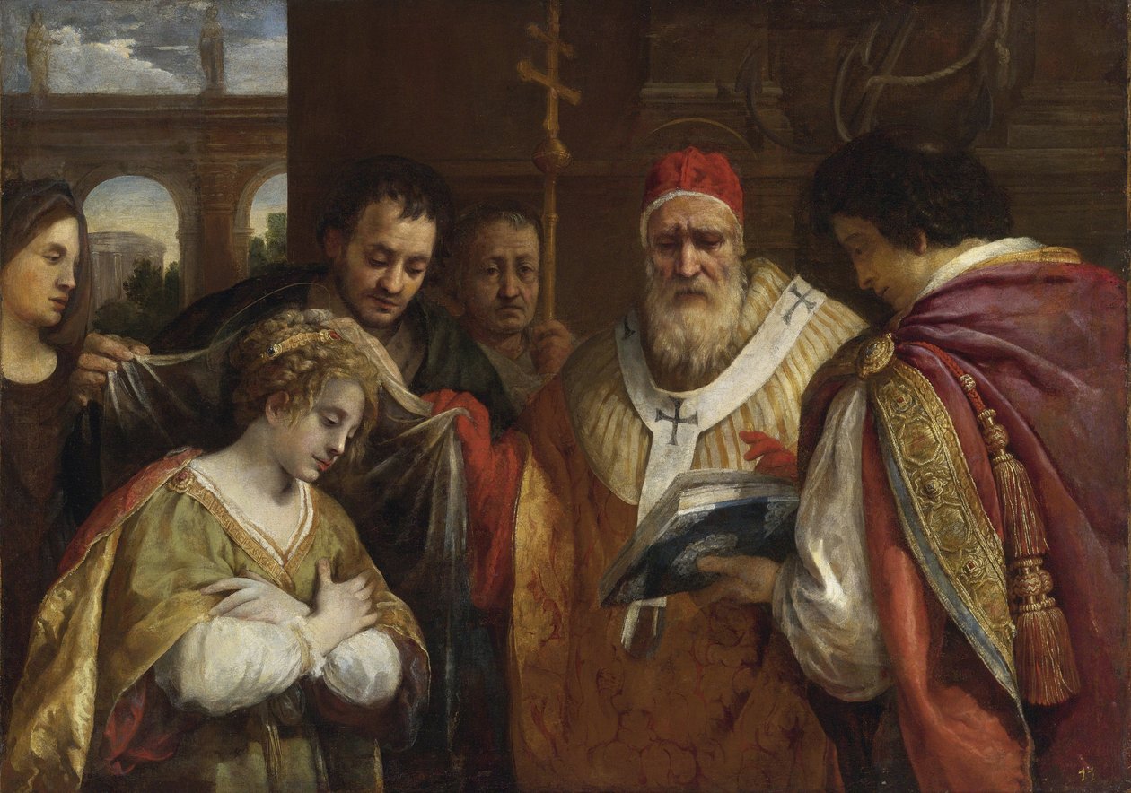 Flavia Domitilla (morta dopo il 95) riceve il velo da papa Clemente I - di Cortona, Pietro da (1596-1669). Olio su tela, dimensioni: 123x172,7, Collezione Privata da Pietro da Cortona