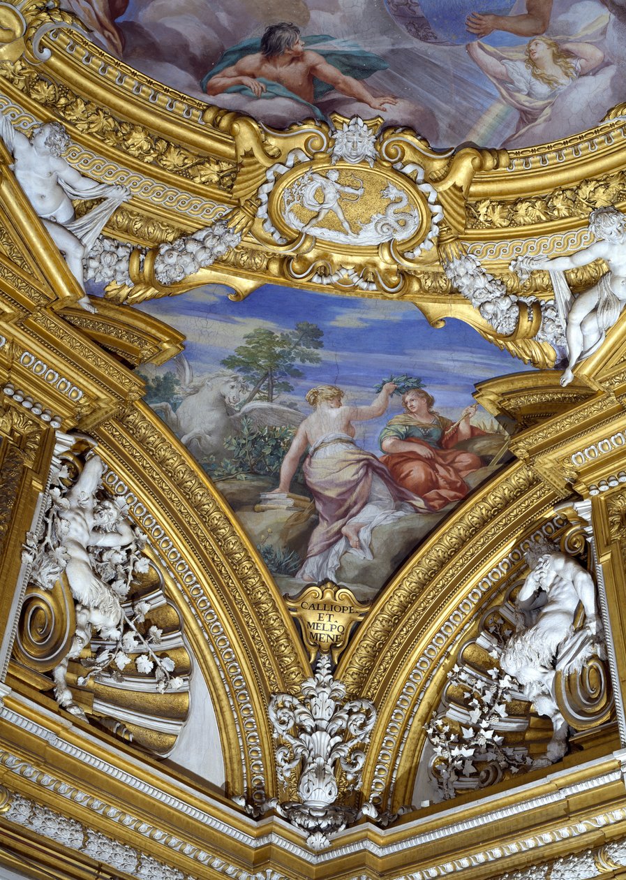 Sala di Apollo, dettaglio del pennacchio raffigurante le muse Calliope e Melpomene (dettaglio) da Pietro da Cortona