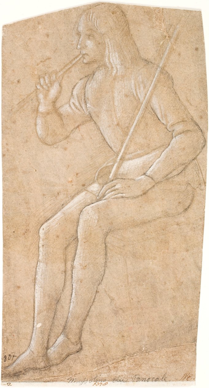 Giovane seduto con un bastone che suona il flauto da Pintoricchio