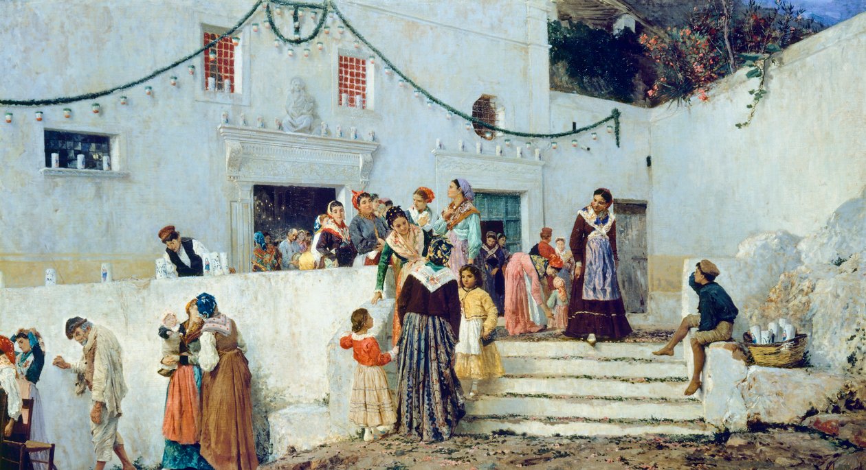 Giorno di festa, di Pio Joris (1843-1921), olio su tela, 93x160 cm da Pio Joris