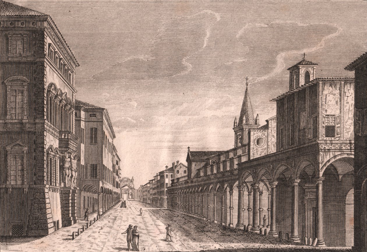 Vista della Strada Maggiore a Bologna, Emilia-Romagna, Italia, incisione su rame di C Lambertini dopo un disegno di Pio Panfili da Pio Panfili