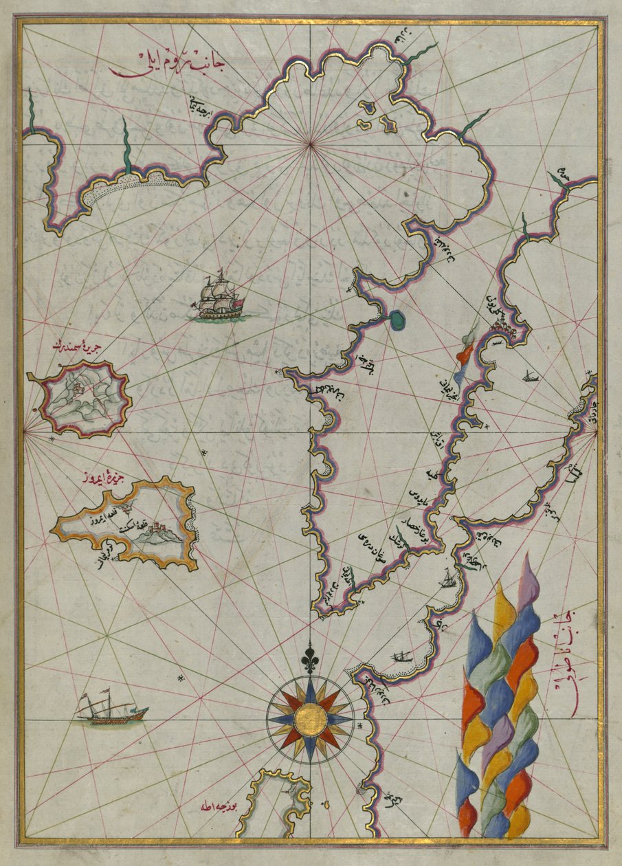 Mappa delle isole di Semendrek e Imroz nel Mar Egeo da Piri Reis