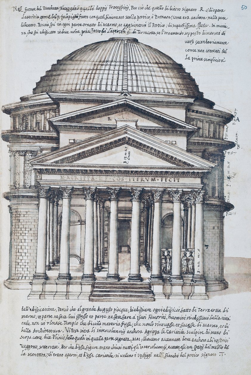 Veduta del Pantheon a Roma, disegno dal volume XIII di XXX Libri delle Antichità da Pirro Ligorio