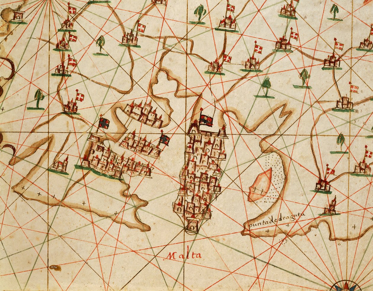 Isola di Malta, da atlante portolano composto da sei carte, di Placido Caloiro e Francesco Oliva, Pergamena. 1646. da Placido Caloiro e Oliva