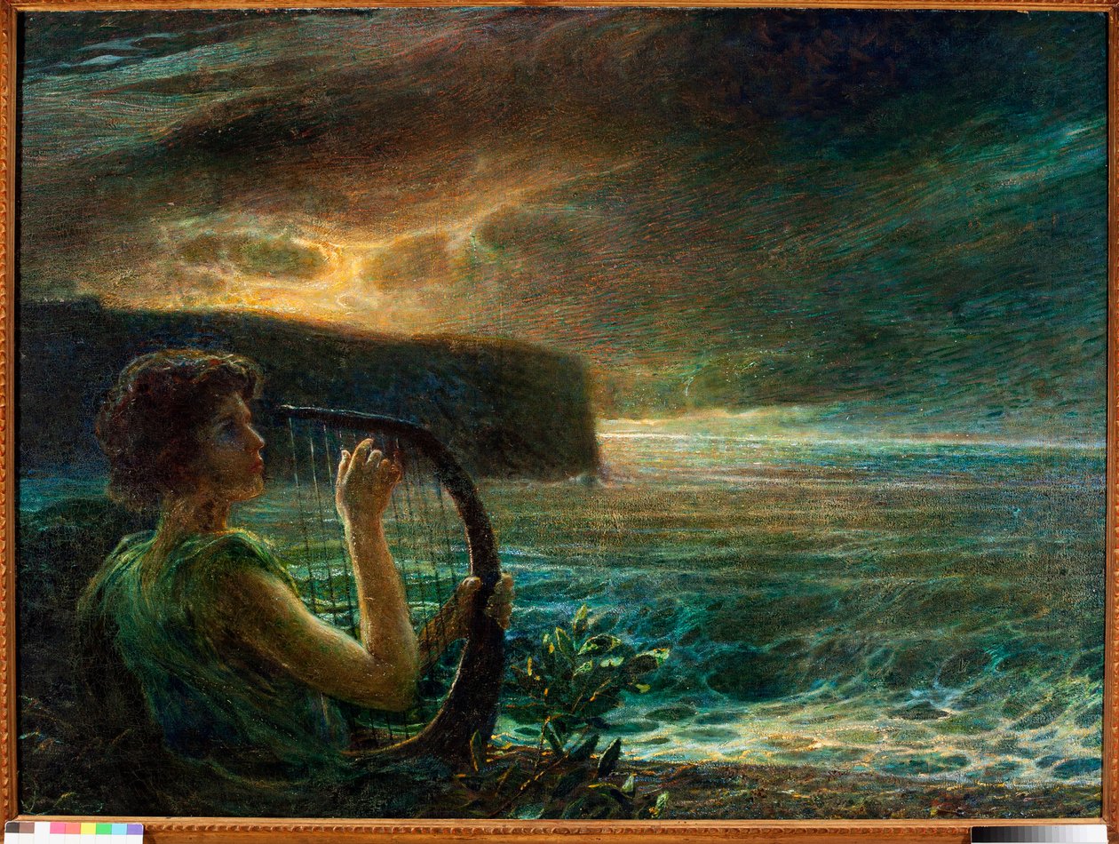 Luna piena, omaggio a una divinità femminile, che suona la lira in un paesaggio marino con cielo tempestoso da Plinio Nomellini