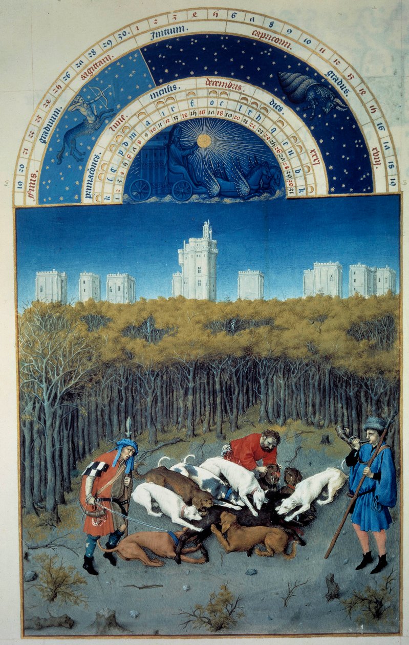 Dicembre: scena di caccia. Sullo sfondo veduta di Vincennes da Pol de Limbourg