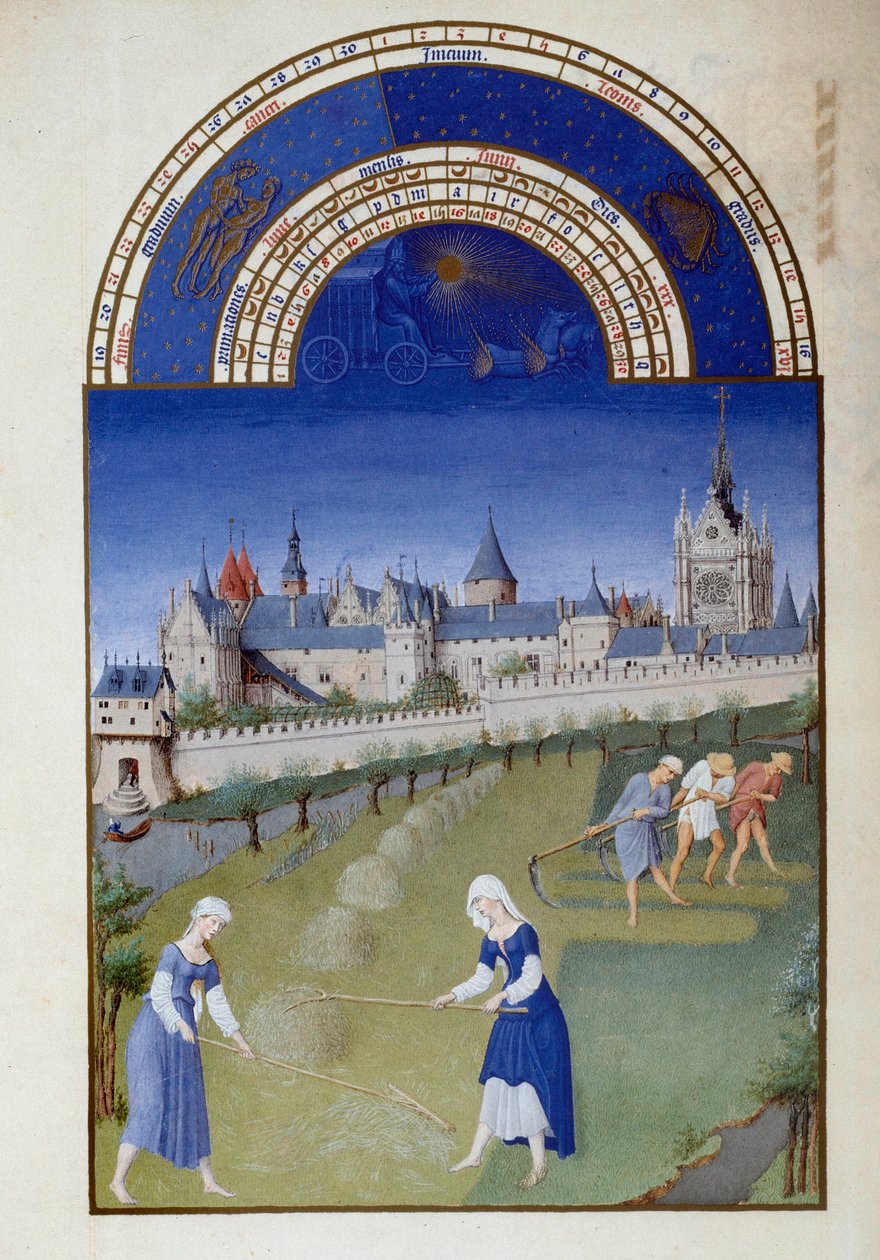 Giugno: fieno. Sullo sfondo, il palazzo della Cappella Santa Miniatura fiamminga di Pol De Limburg (XV secolo) dal manoscritto "Le très riches heures du Duc de Berry" da Pol de Limbourg