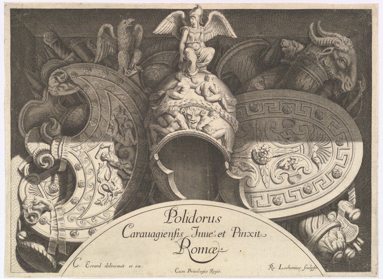 Divers Trophées, Trofei di armi dopo la facciata di Palazzo Milesi a Roma, 1651 da Polidoro da Caravaggio