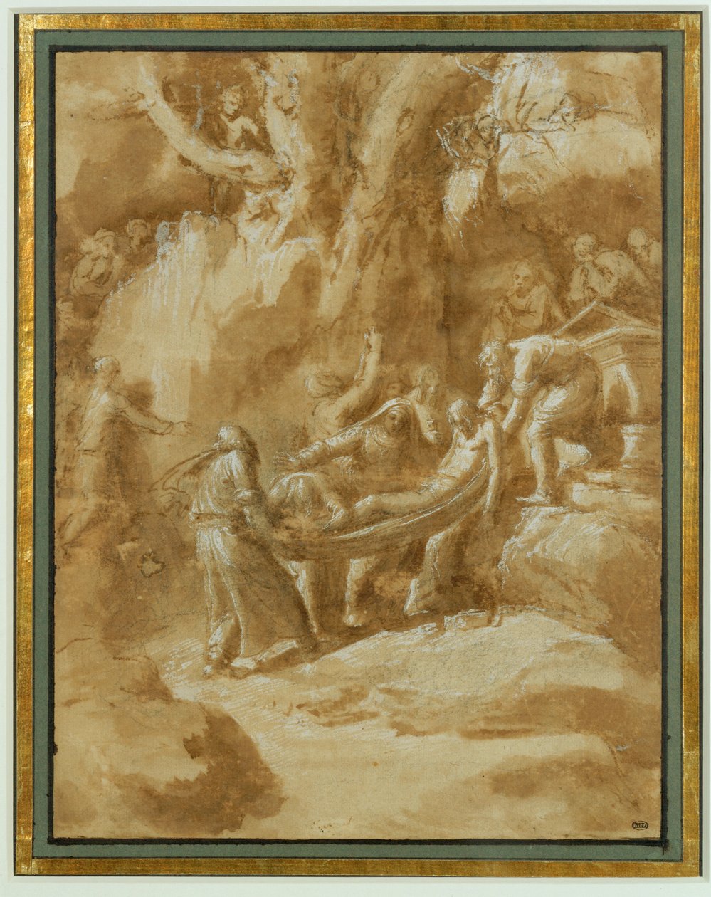 Sepoltura. Pietra nera, pennello e lavaggio marrone, lumeggiature bianche su carta beige ... da Polidoro da Caravaggio