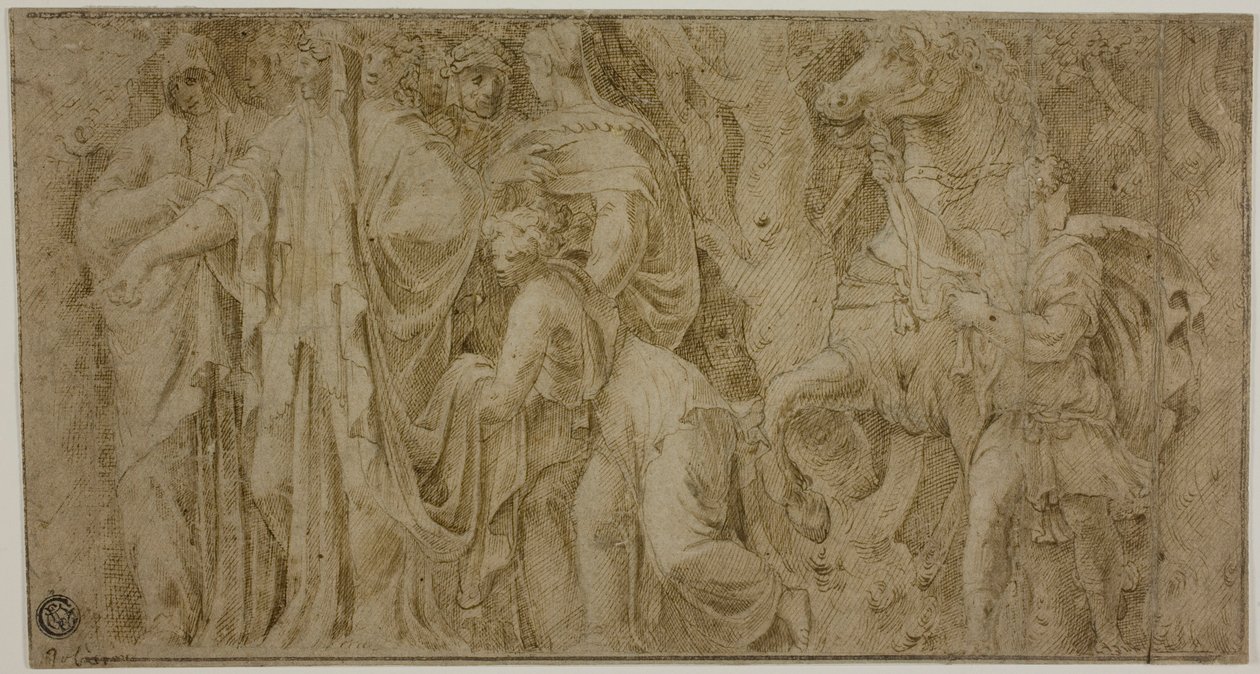 Storia di Niobe: Niobe riceve doni dai fedeli; Giovane con cavallo da Polidoro da Caravaggio
