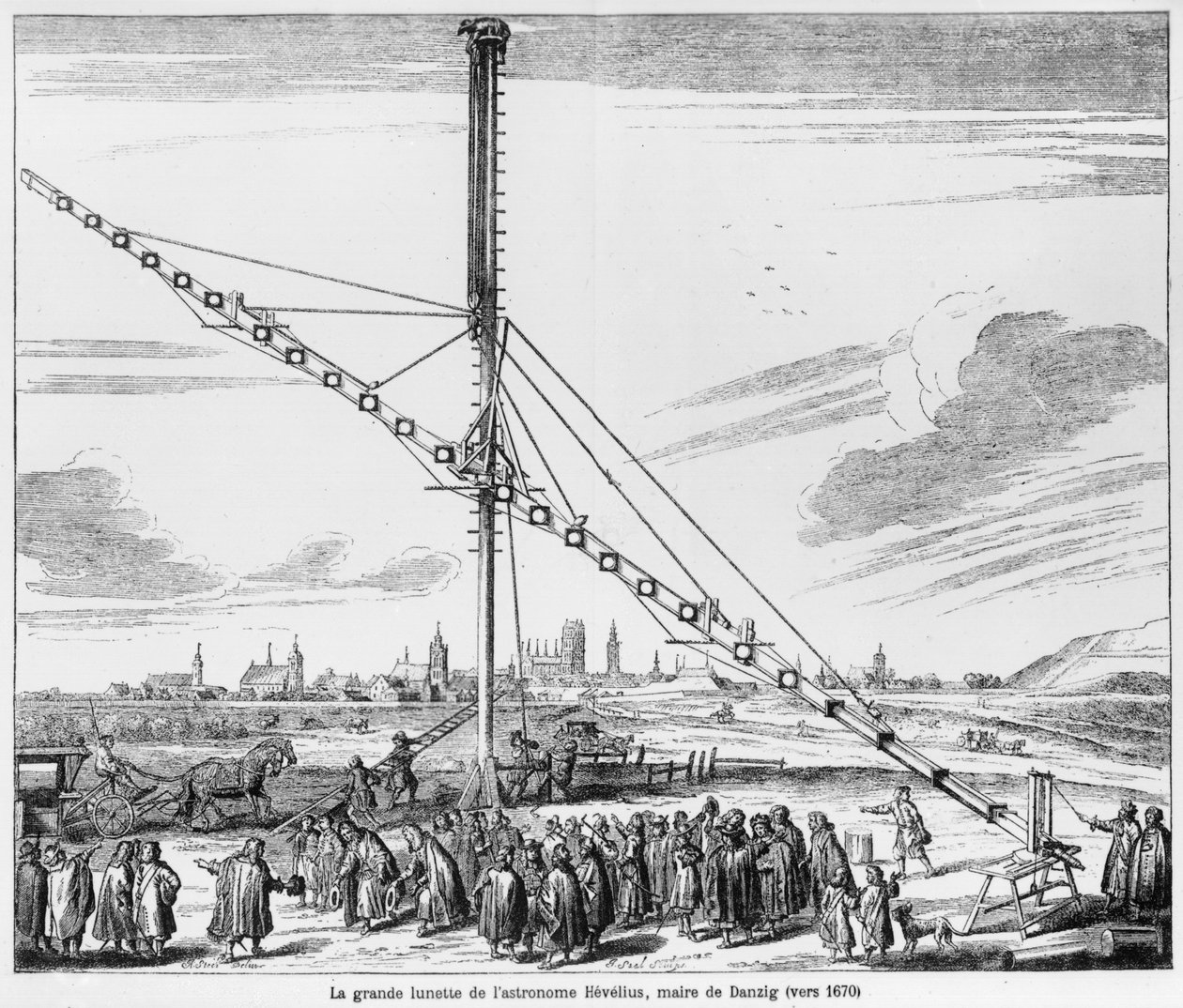 Il grande telescopio astronomico di Johannes Hevelius, illustrazione da Machina Coelestis di Hevelius, Danzica, pubblicato nel 1670 da Polish School