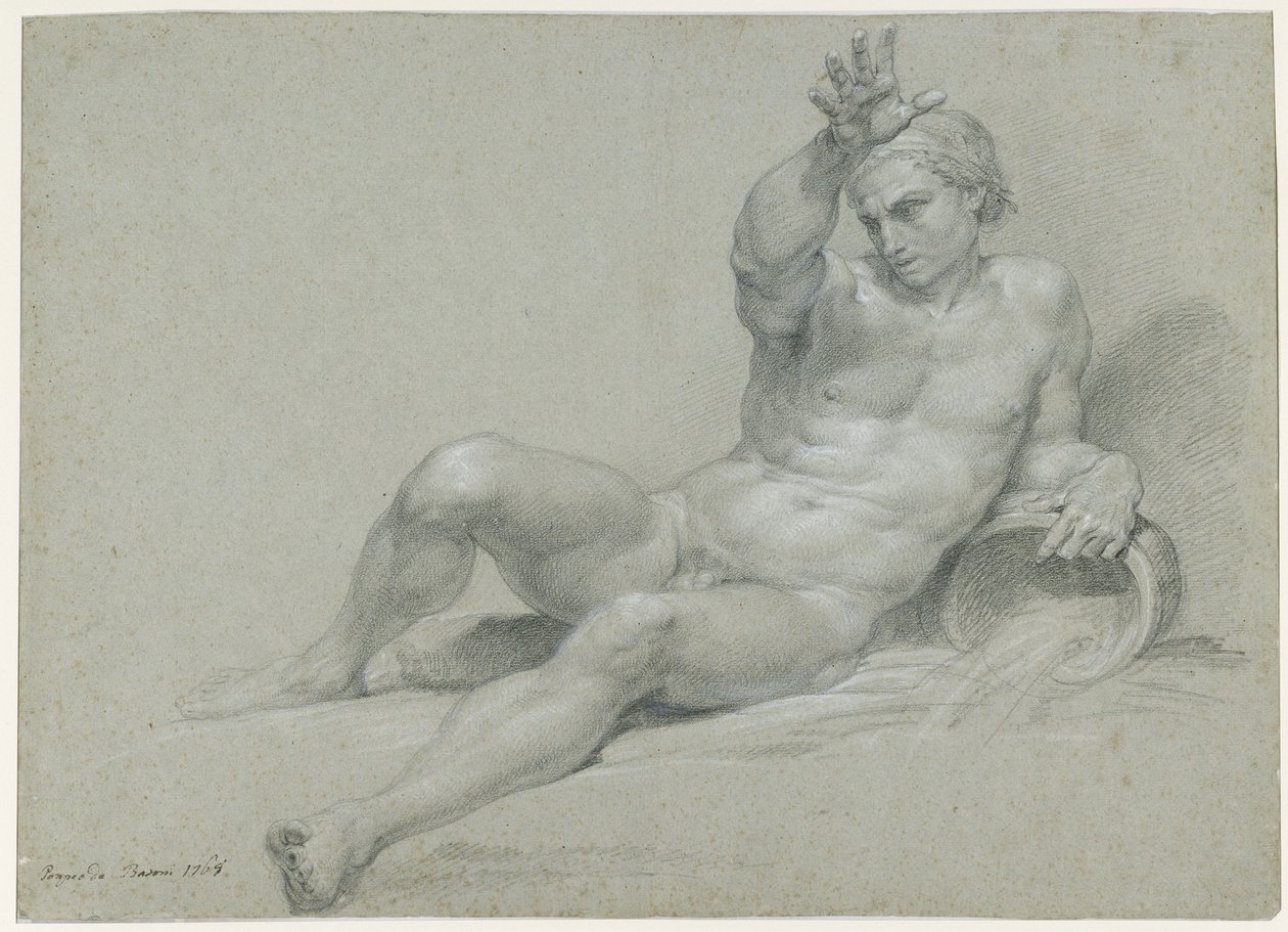 Studio di nudo di un modello maschile disteso, con il braccio destro alzato, nella posa di un antico dio fluviale, veduto obliquamente da sinistra da Pompeo Girolamo Batoni