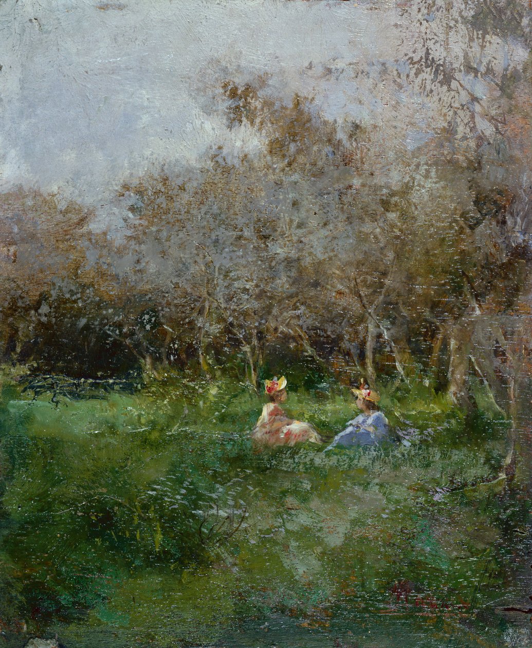 Signore eleganti che riposano in un paesaggio boscoso da Pompeo Mariani
