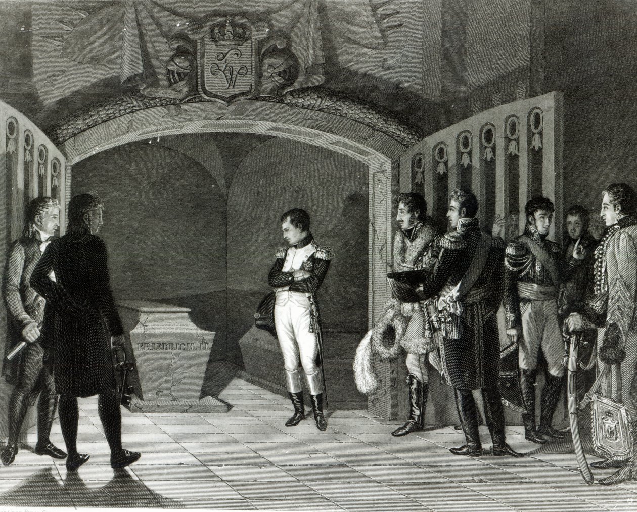 Napoleone medita davanti alla tomba di Federico II di Prussia nella cripta della Garnisonkirche a Potsdam, c.1810 da Ponce Camus. Marie Nicholas