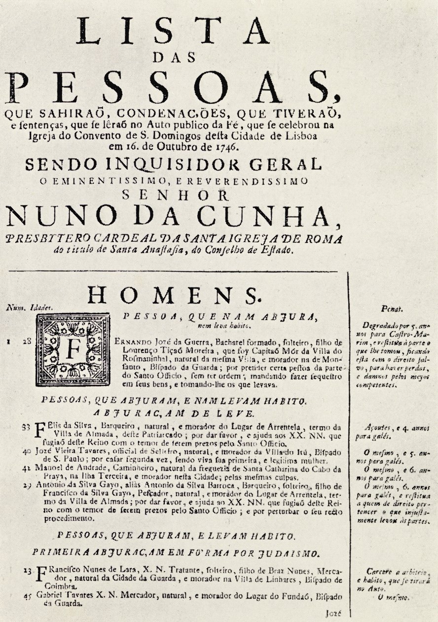 Programma per un Auto da Fé a Lisbona, 1746, da 