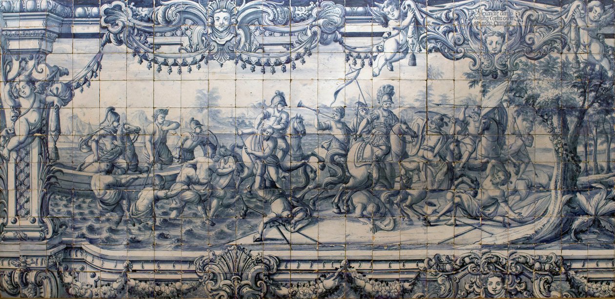 Alessandro Magno (356-323 a.C.) combatte i Persiani - Pannello di azulejos di Lisbona, ca. 1745 - Museo Nazionale delle Azulejos, Lisbona (Portogallo). da Portuguese School