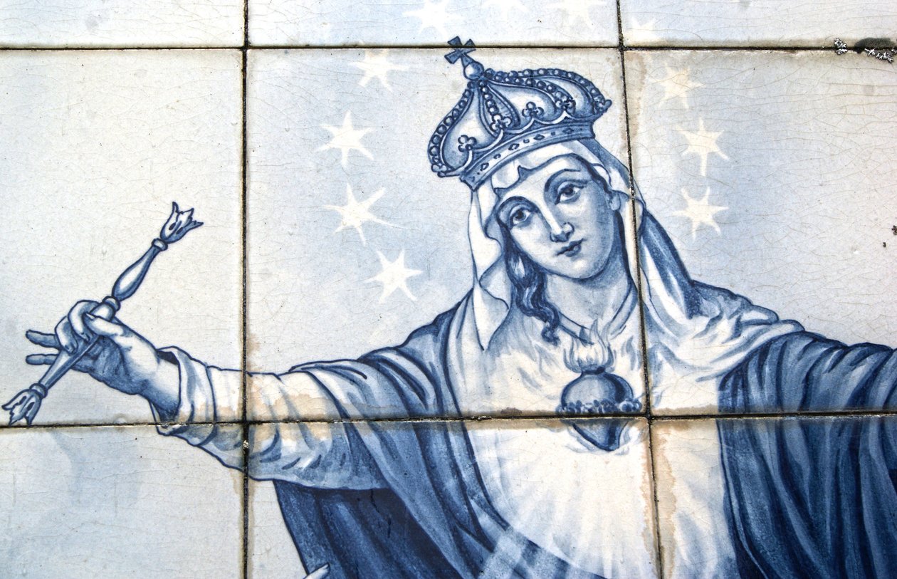 Dettaglio della Vergine Maria da un pannello decorativo che la mostra mentre schiaccia il Serpente, Lamego, Portogallo. 1738 da Portuguese School