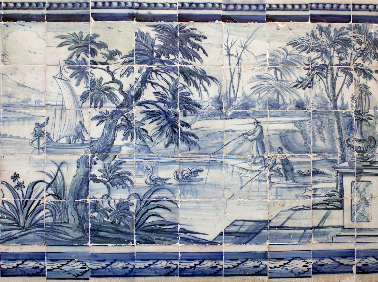 Pescatori di lago in Asia - Azulejos, maiolica dipinta da Portuguese School