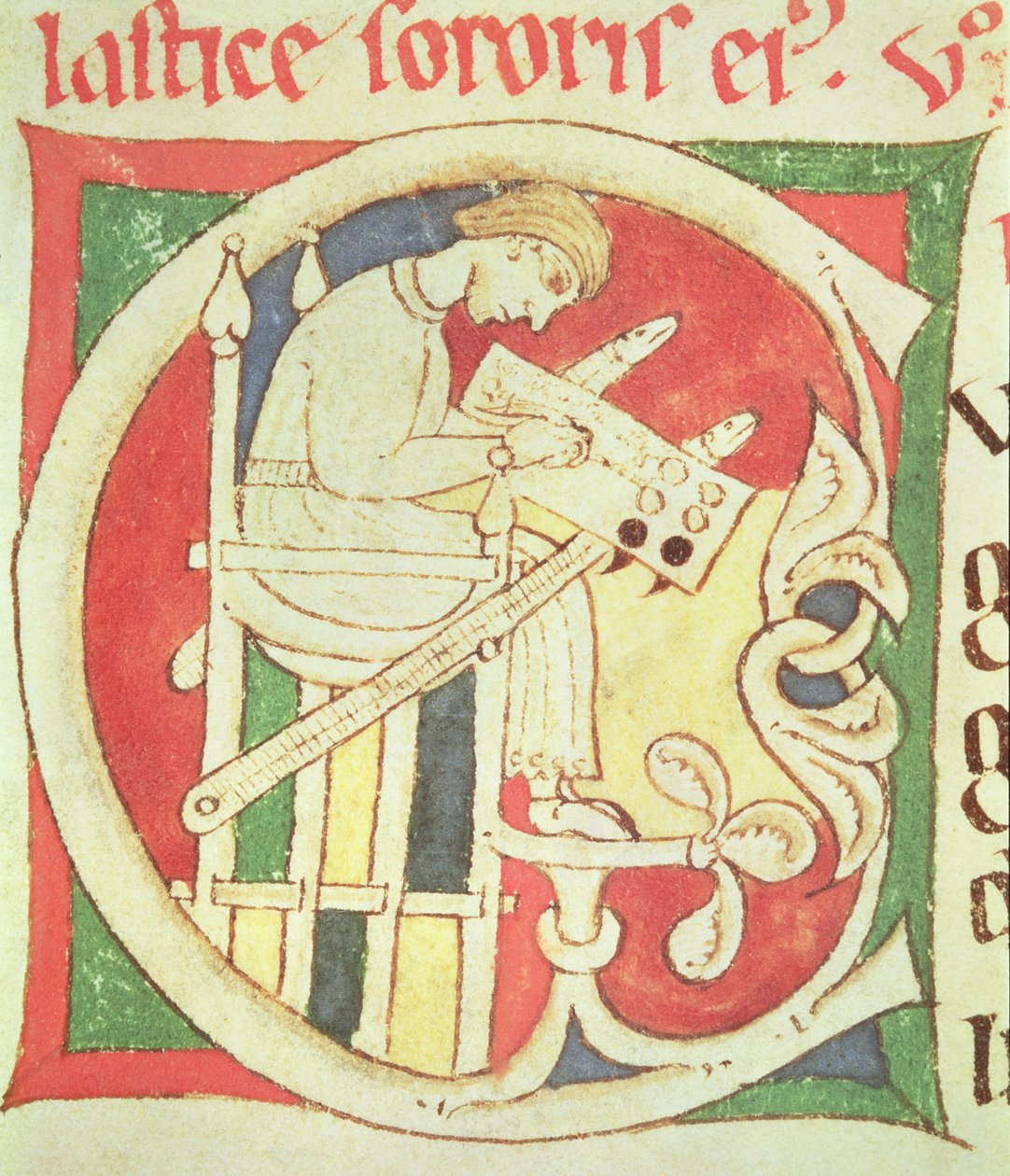 Ms 22 fol.139r Iniziale istoriata C che raffigura un monaco che scrive, da Vitae Sanctorum, Santa Cruz de Coimbra da Portuguese School