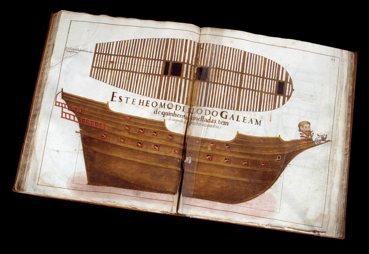 Architettura navale: pagina del trattato architettonico (Livro de Traças de Carpintaria) di Manuel Fernandez: taglio di una nave da Portuguese School