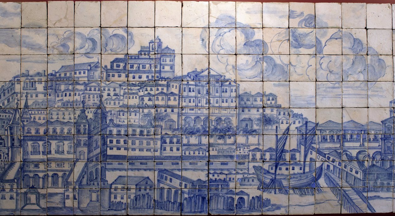 Veduta panoramica di Lisbona, prima del terremoto del 1755 - Azulejos inizio XVIII secolo, pannello di avvertimento dell