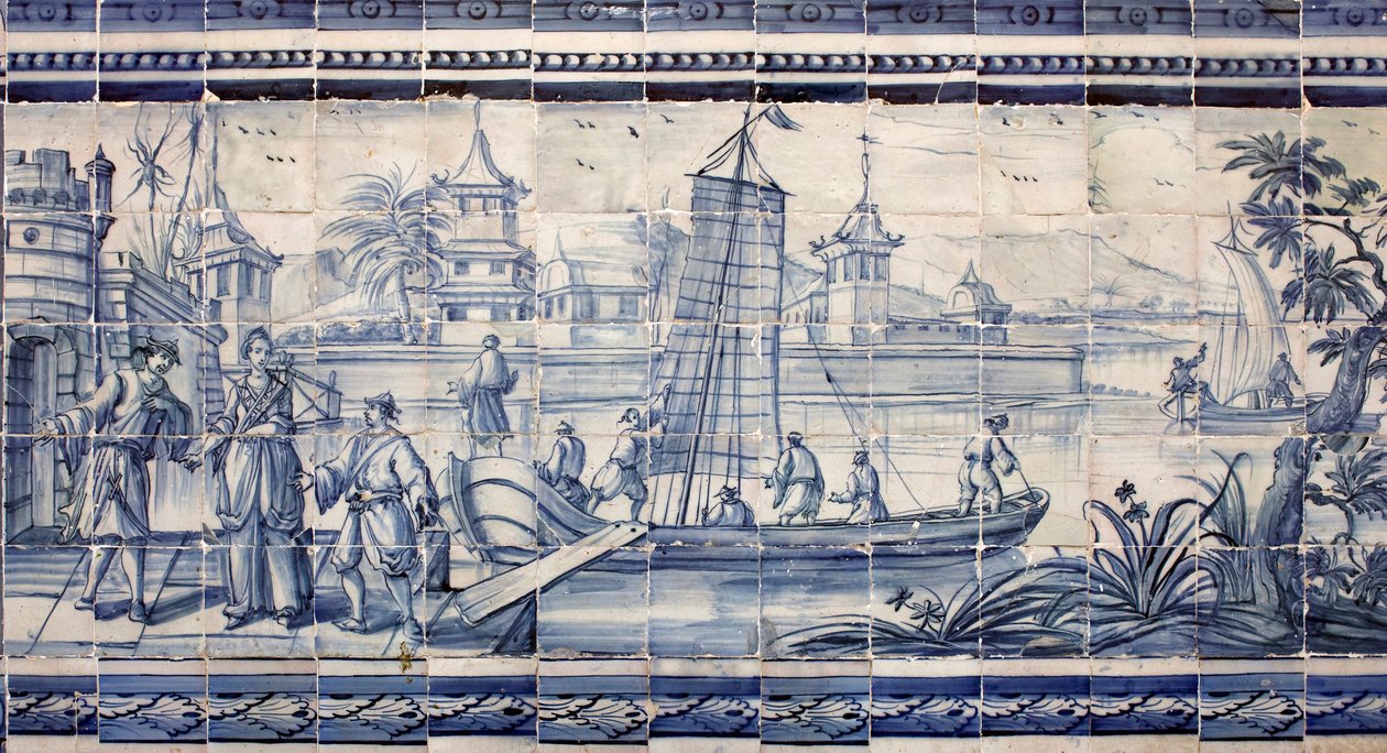 Scena sulle rive di un fiume in Asia - Azulejos, maiolica dipinta da Portuguese School