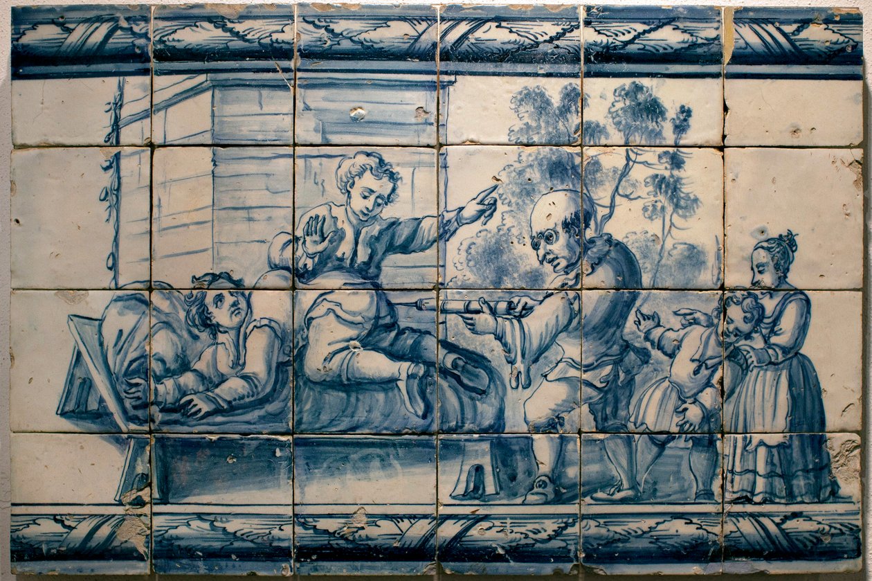 Il medico che fa un clistere a un paziente - Pannello satirico di Lisbona, prima metà del XVIII secolo - Museo nazionale degli azulejos, Lisbona da Portuguese School