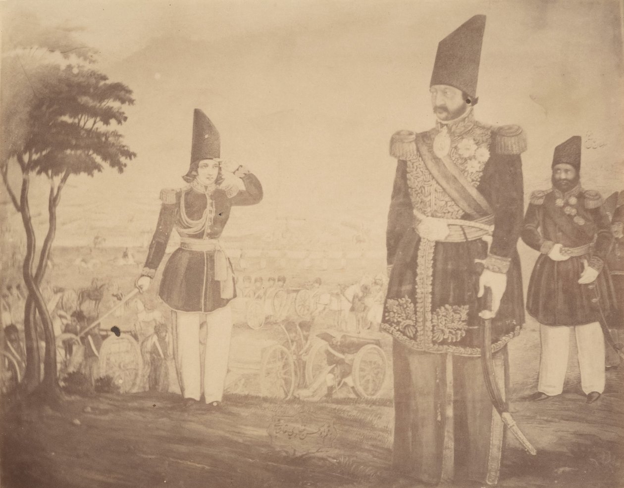 Una rivista persiana in un dipinto che un tempo apparteneva ad Ardeshir Mirza, zio del re, 1840-60 da Possibly by Luigi Pesce.
