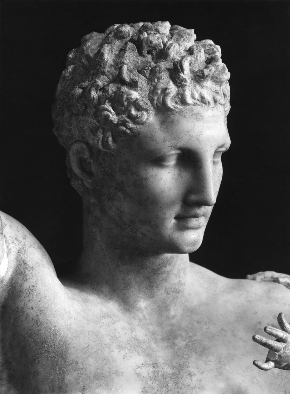 Dettaglio della statua di Ermes e il Bambino Dioniso, c.330 a.C., testa di Ermes da Praxiteles