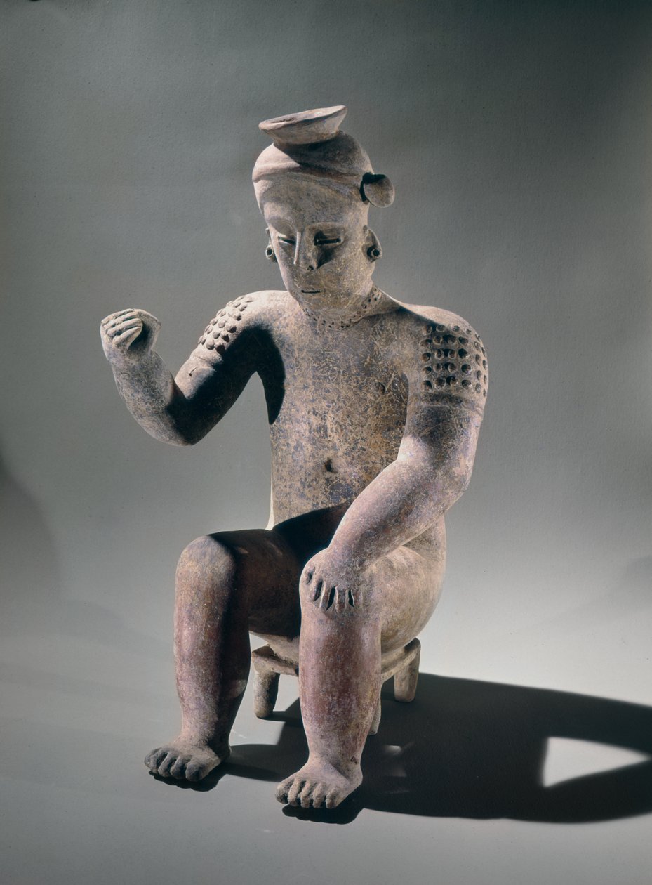 Vaso effigie che mostra un uomo seduto su uno sgabello, stile Colima da Pre Columbian Pre Columbian