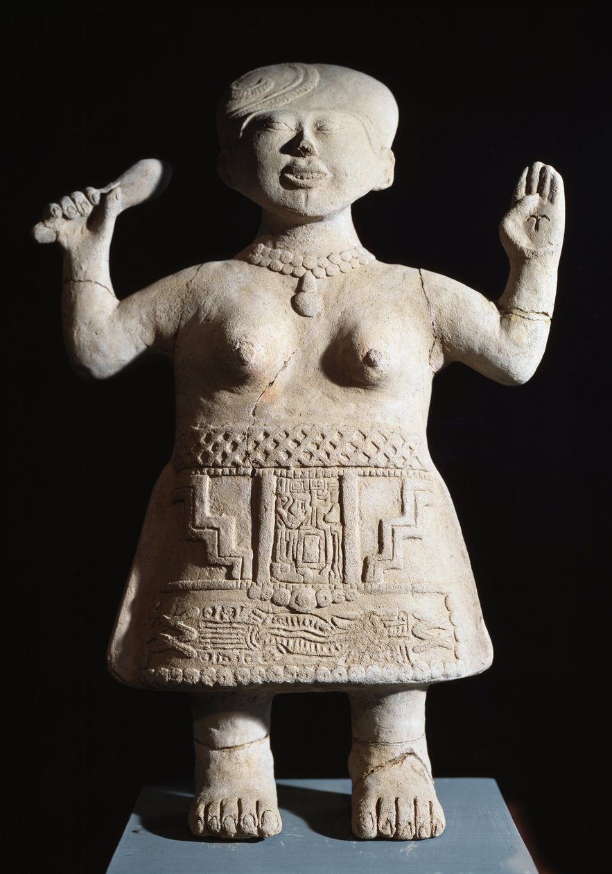 Arte precolombiana, civiltà Totonaca: statuetta di sacerdotessa con le braccia alzate VI-IX secolo d.C. Da El Tajin (pietra) da Pre Columbian Pre Columbian