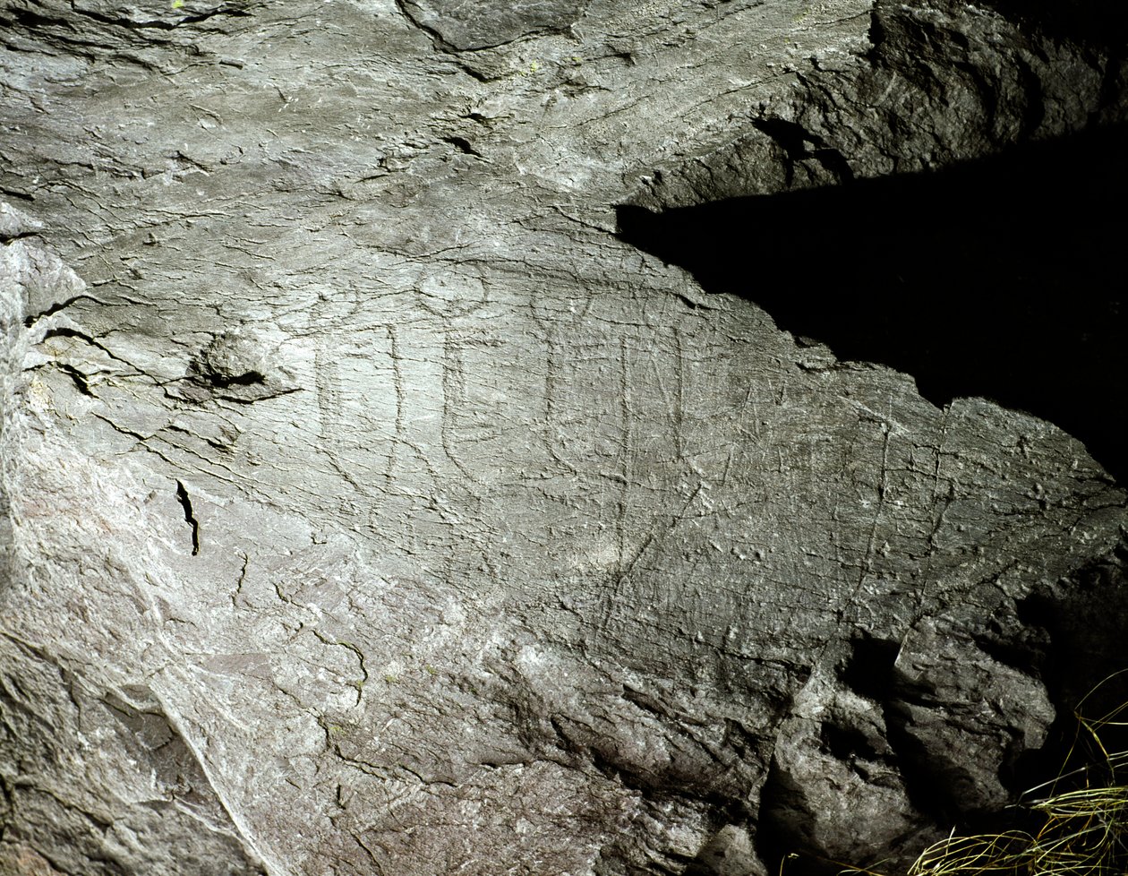 Preistoria, arte rupestre: rappresentazioni su roccia di due coppie di buoi che tirano un carro. Età del rame. Periodo eneolitico (calcolitico). Roccia n. 2. Cemmo (Brescia) Parco archeologico nazionale dei Massi di Cemmo, Italia da Prehistoric Prehistoric