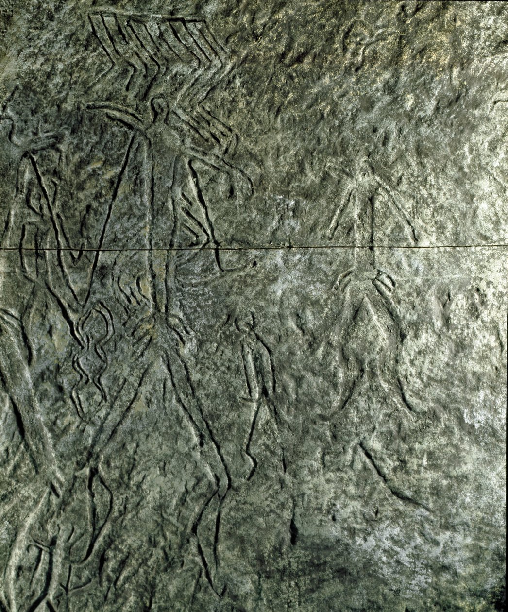 Preistoria, arte rupestre: petroglifo (graffito su pietra) di figure umane. Neolitico, Età della Pietra. (Azerbaigian) Età del Bronzo. Baku, Museo Statale di Storia delle Religioni dell