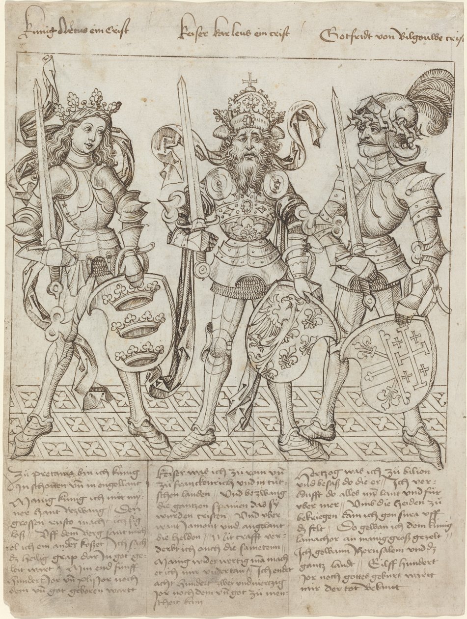 Re Artù, Carlo Magno e Goffredo di Buglione da Primary Master of the Strassburg Chronicle