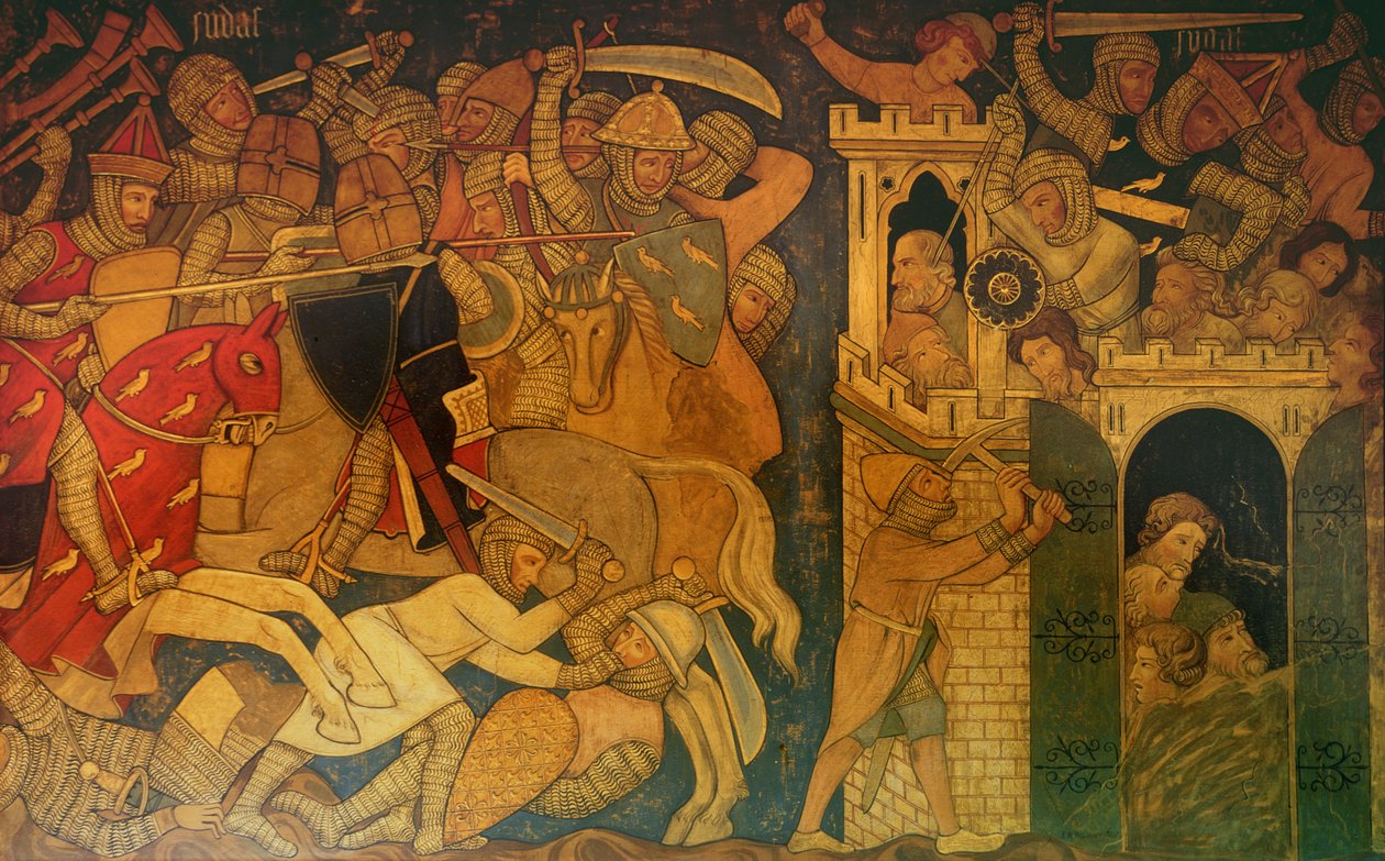 Battaglia tra Giuda Maccabeo e Timoteo, e la Caduta di Maspha, ricostruzione di un dipinto murale originariamente nella Camera Dipinta del Palazzo di Westminster da Professor Ernest Tristram