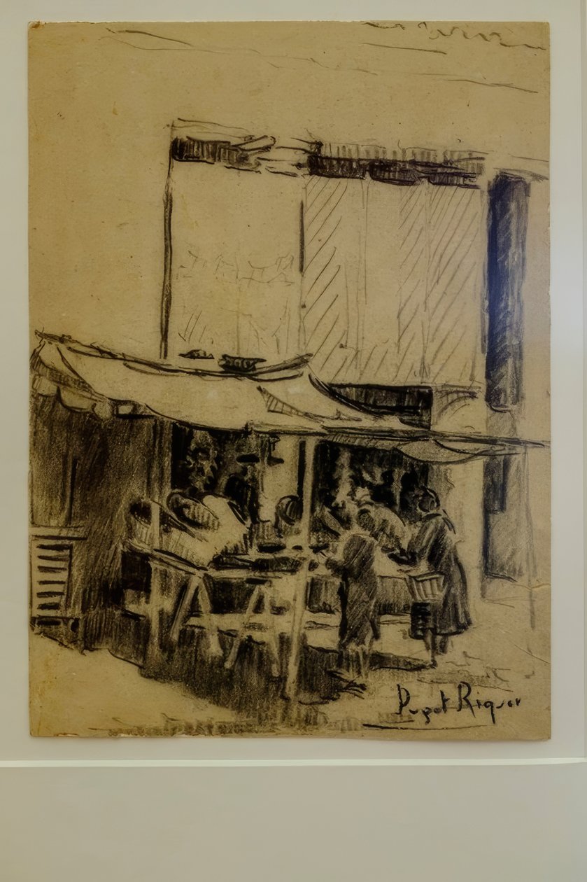 La piazza, Narcís Puget Riquer, disegno a carboncino, museo Puget, casa nobile di Can LLaudis, Dalt Vila, Ibiza, Isole Baleari, Spagna da Puget Riquer