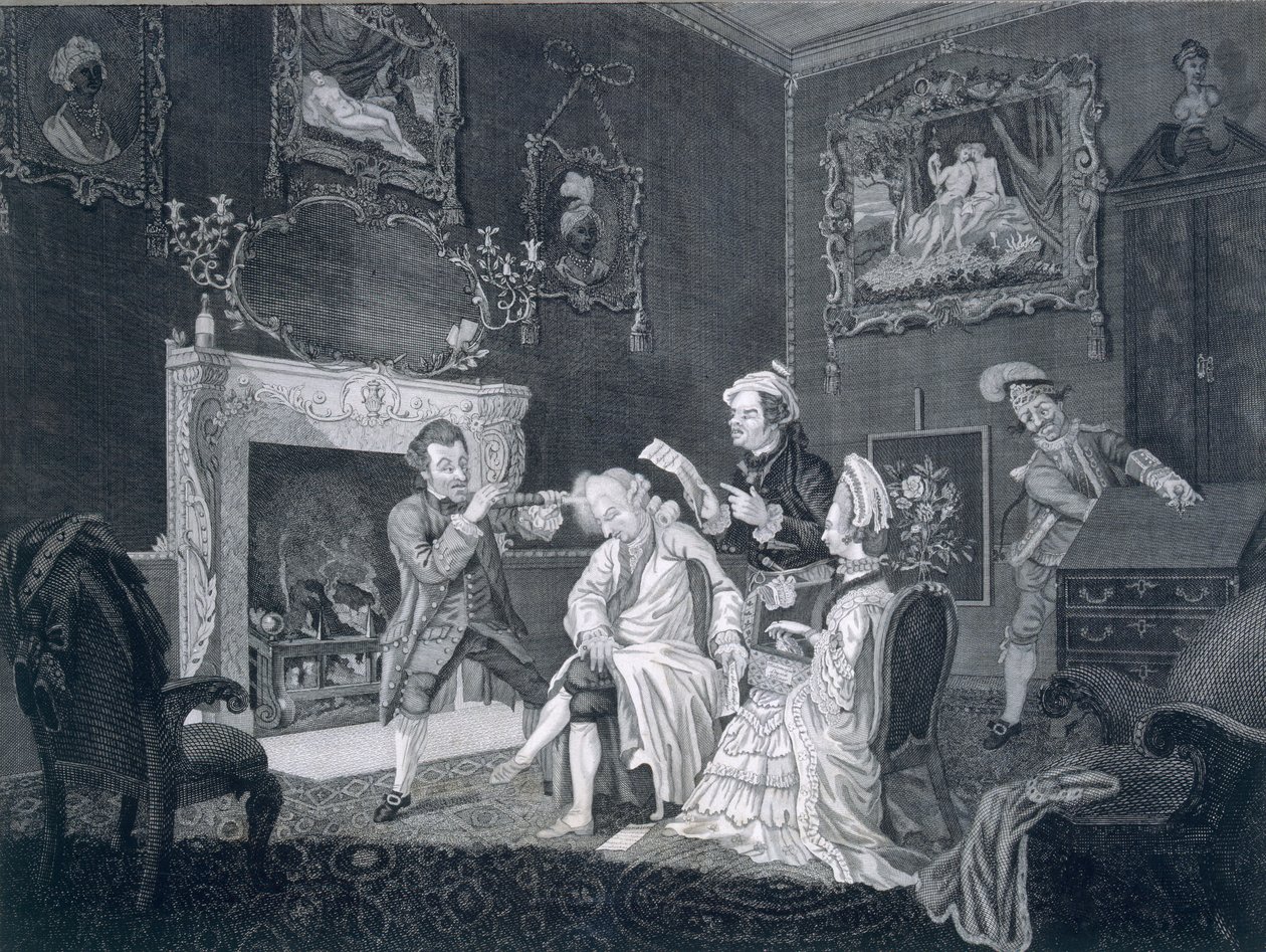 I servi distraggono un vecchio vanitoso mentre un altro ruba dal bureau, inciso da Goldar, 1771 da Pugh