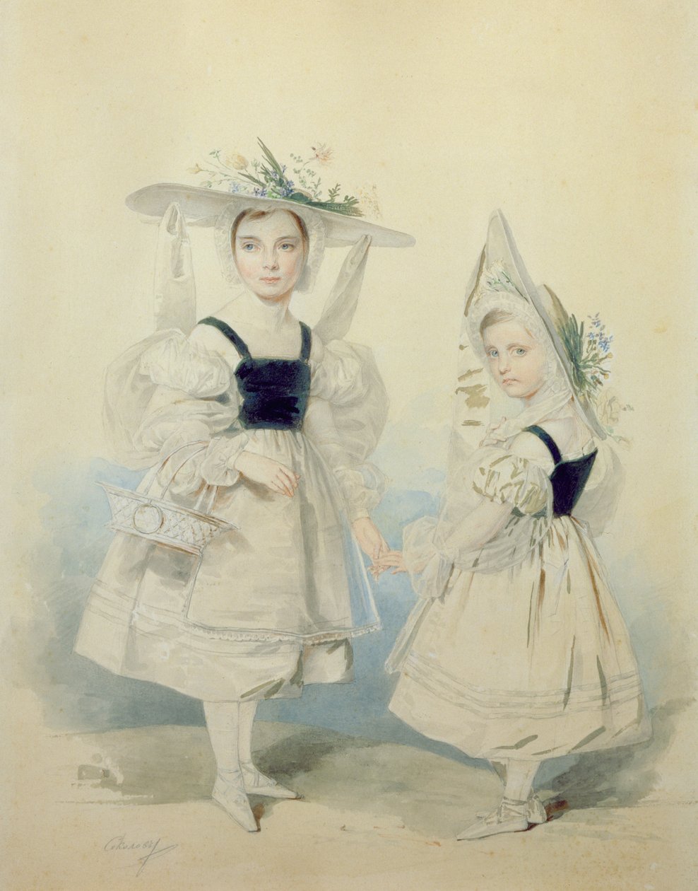 Ritratto delle Granduchesse Olga e Alessandra in costume, 1830s da Pyotr Fyodorovich Sokolov