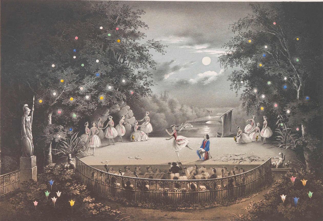 Il balletto Naiade e Pescatore di C. Pugni nel padiglione rosa, nel Parco di Peterhof, 1851 da Pyotr Fyodorovich Borel