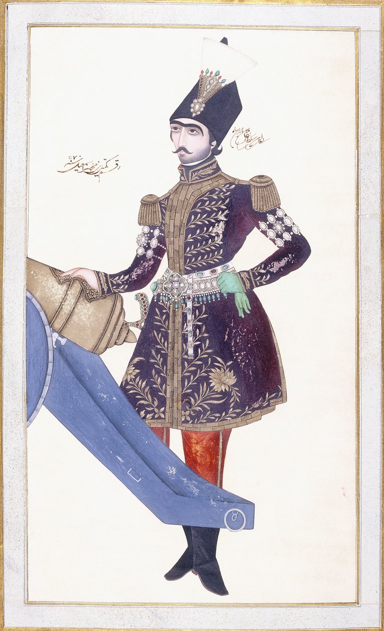 Ritratto di Nasir al-Din Shah, mano appoggiata su un cannone, c. 1853-4 da Qajar School