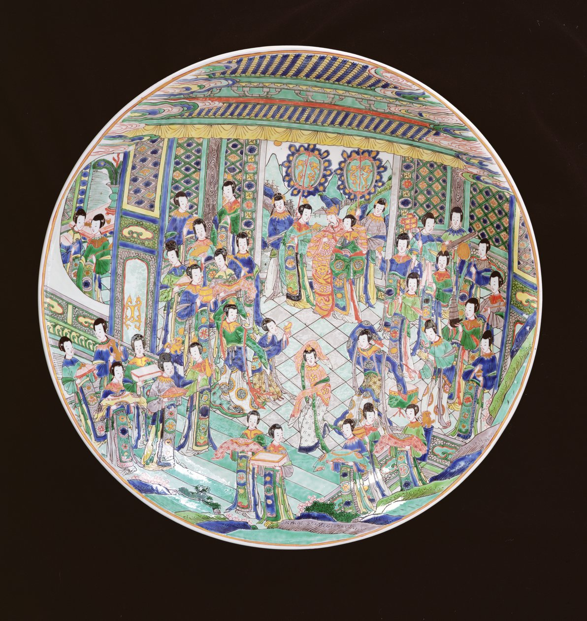 Grande piatto Famille Verte, periodo Kangxi da Qing Dynasty Chinese School