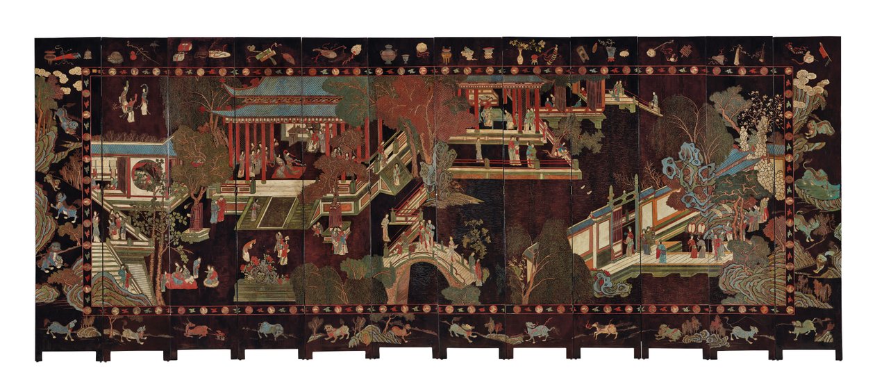 Schermo coromandel a dodici pieghe, XVIII secolo da Qing Dynasty Chinese School