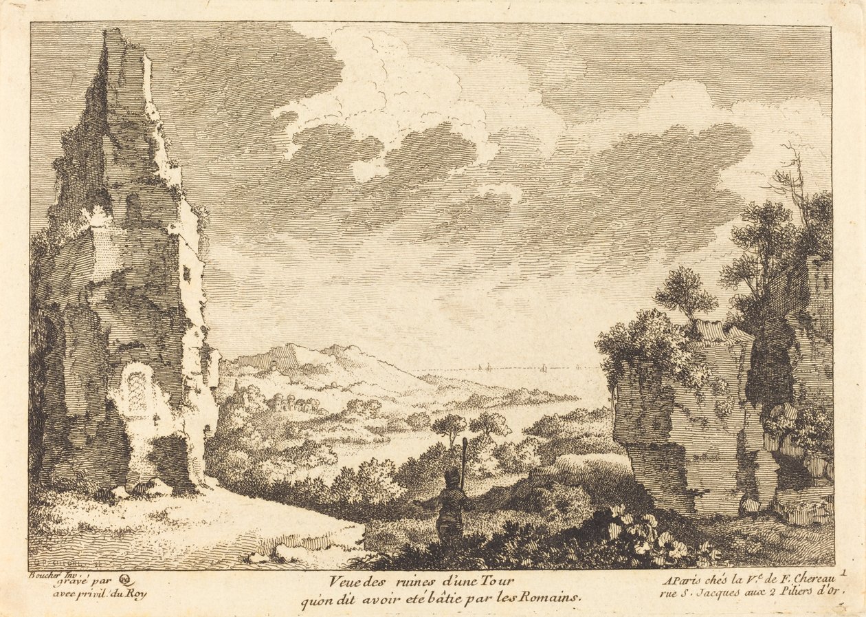 Veduta delle rovine di una torre che si dice sia stata costruita dai Romani da Quentin Pierre Chedel after François Boucher