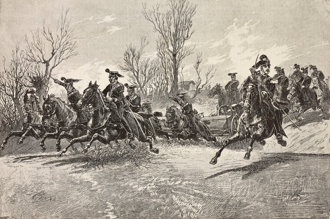 Artiglieria a cavallo, esercito italiano, incisione da un disegno di Quinto Cenni, da L