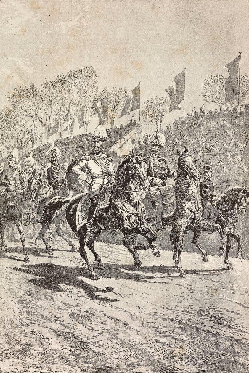 Capi di Stato Maggiore che entrano nel campo di parata, celebrazioni per la visita del principe ereditario di Germania (futuro Federico III) a Roma, Italia, incisione da un disegno di Quinto Cenni, da L