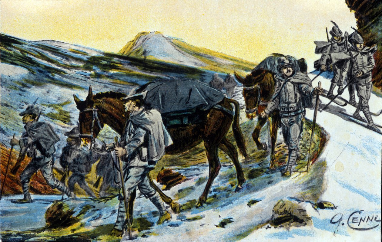 Prima Guerra Mondiale: gruppo di cacciatori alpini italiani in ricognizione con i loro muli nel 1915 (illustrazione di Quinto Cenni) da Quinto Cenni
