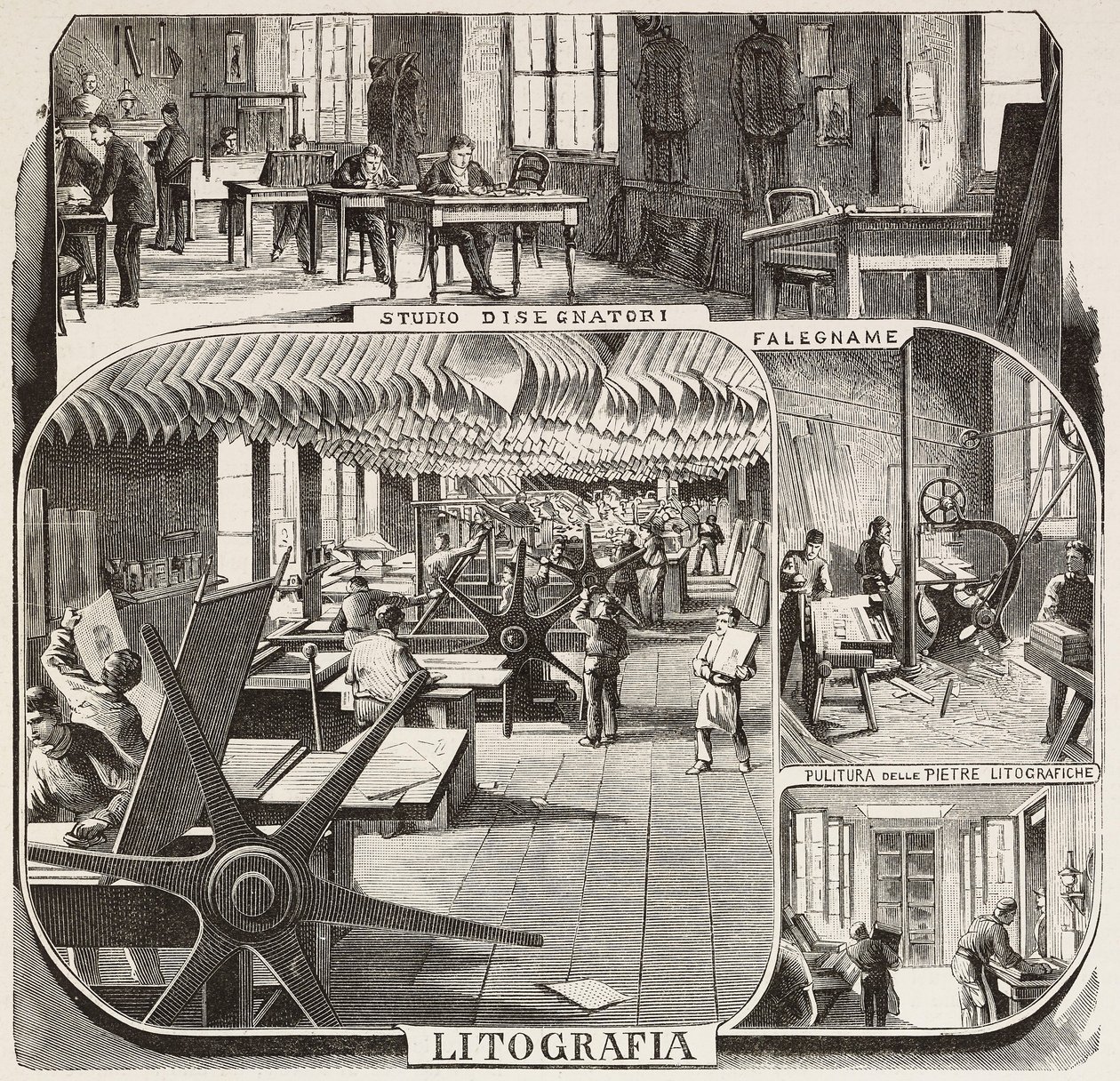 Casa editrice Fratelli Treves: studio dei disegnatori, falegnameria, pulizia delle pietre litografiche, litografia, Milano, Italia, incisione da un disegno di Quinto Cenni, da L