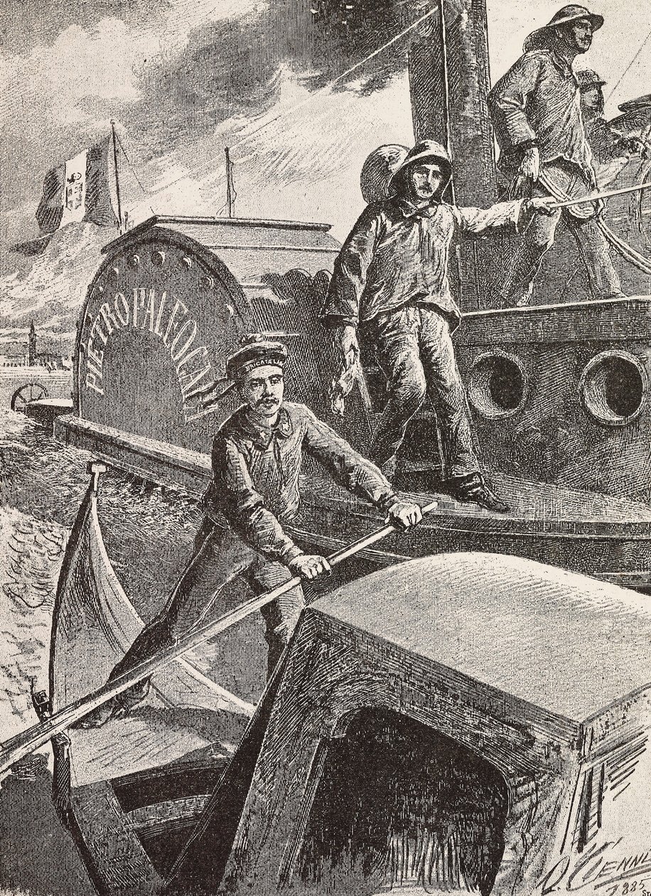 Ingegneri militari italiani, brigata della laguna, al lavoro con le loro nuove uniformi, incisione da un disegno di Quinto Cenni, da L